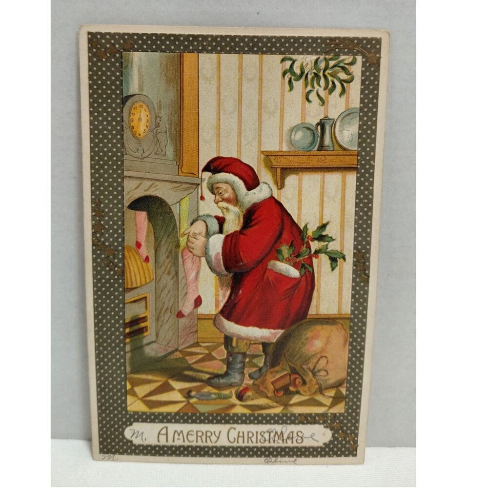 Antique Christmas postcard Santa Claus filling stockings posted Germany